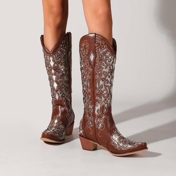 Women Brown Embroidery Sparkly Rhinestone Chunky Heel Mid Calf Wedding Boots - Picture 3 of 5